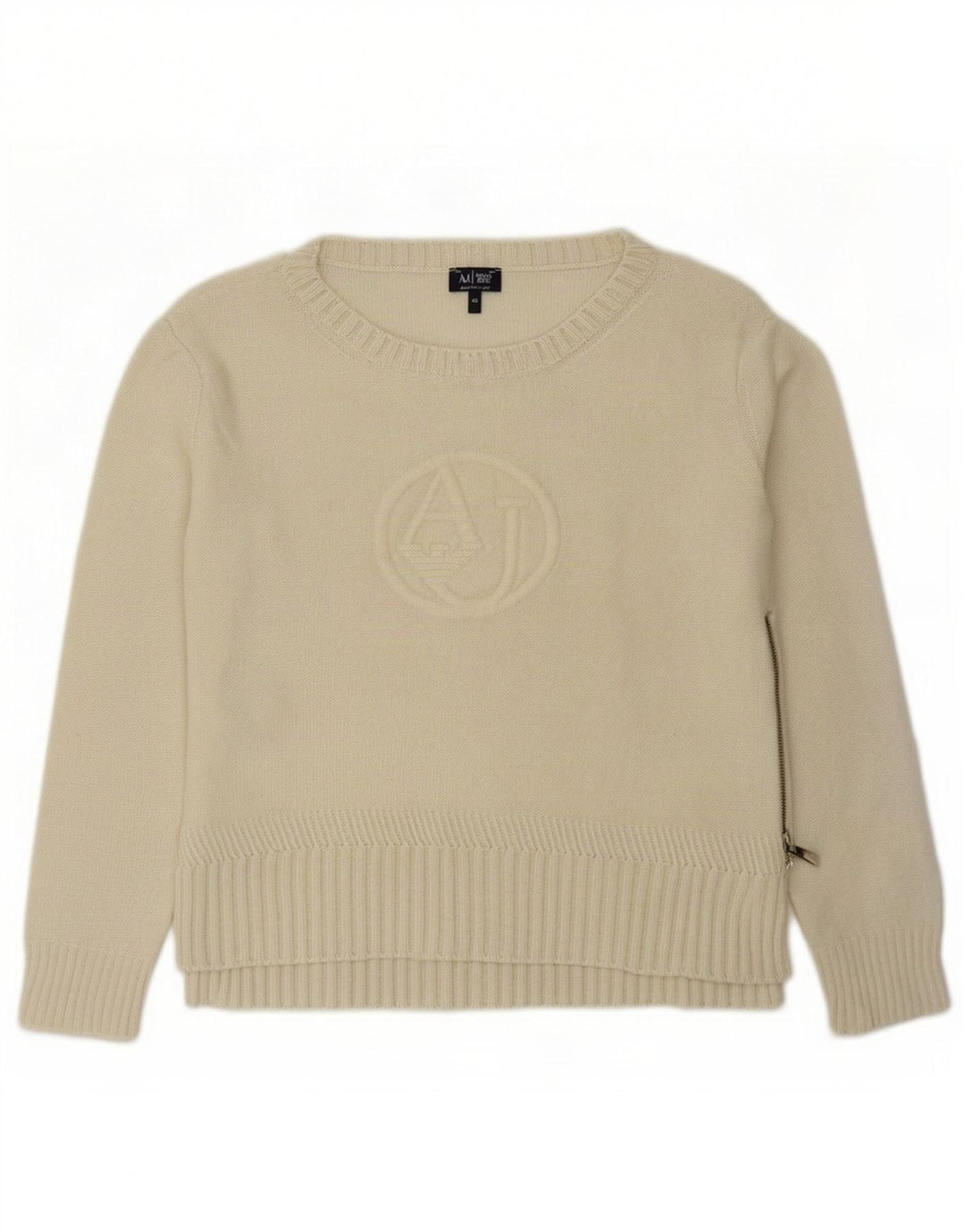 Suéter feminino Armani com gola canoa e gola redonda UE 42 grande lã branca