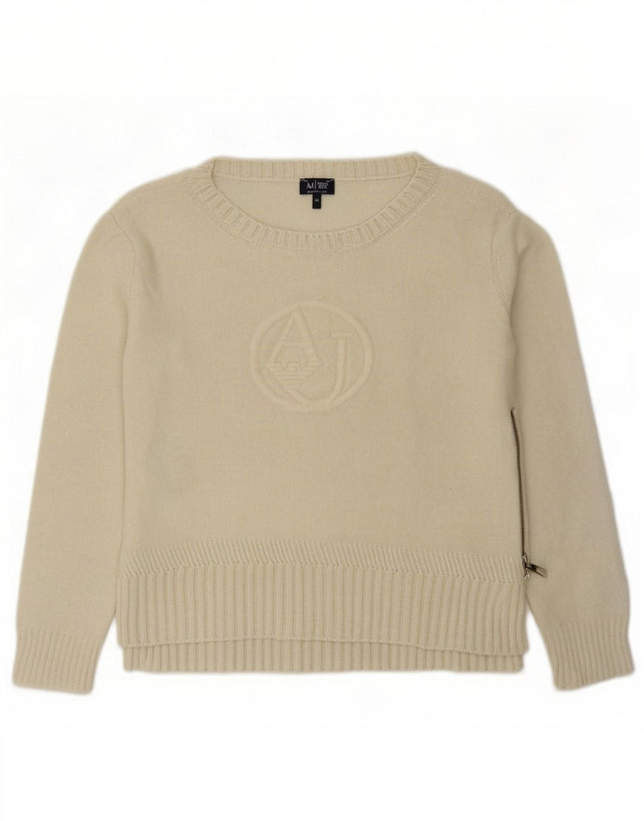 Suéter feminino Armani com gola canoa e gola redonda UE 42 grande lã branca