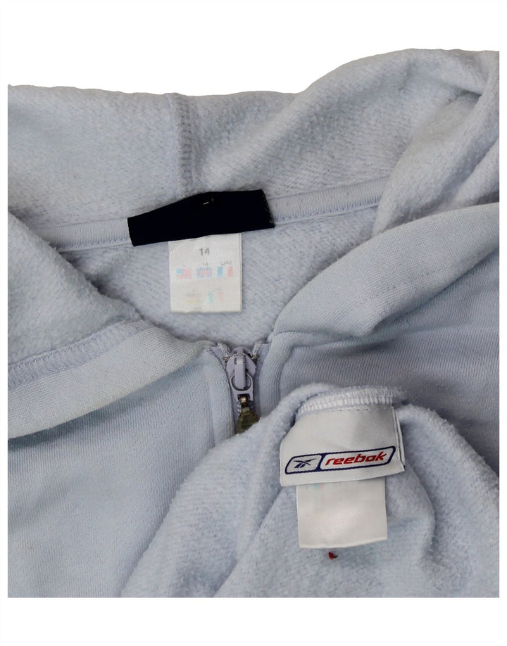 REEBOK Womens Graphic Zip Hoodie Sweater UK 14 Large Blue Vintage Reebok and Second-Hand Reebok from Messina Hembry 
