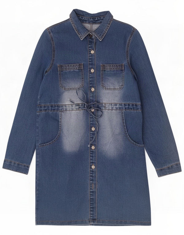 Vintage vestido camisa feminino de manga comprida UK 18 XL algodão azul
