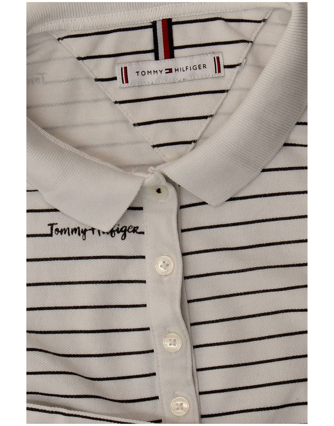 Camisa polo feminina TOMMY HILFIGER UK 14 médio listrado branco