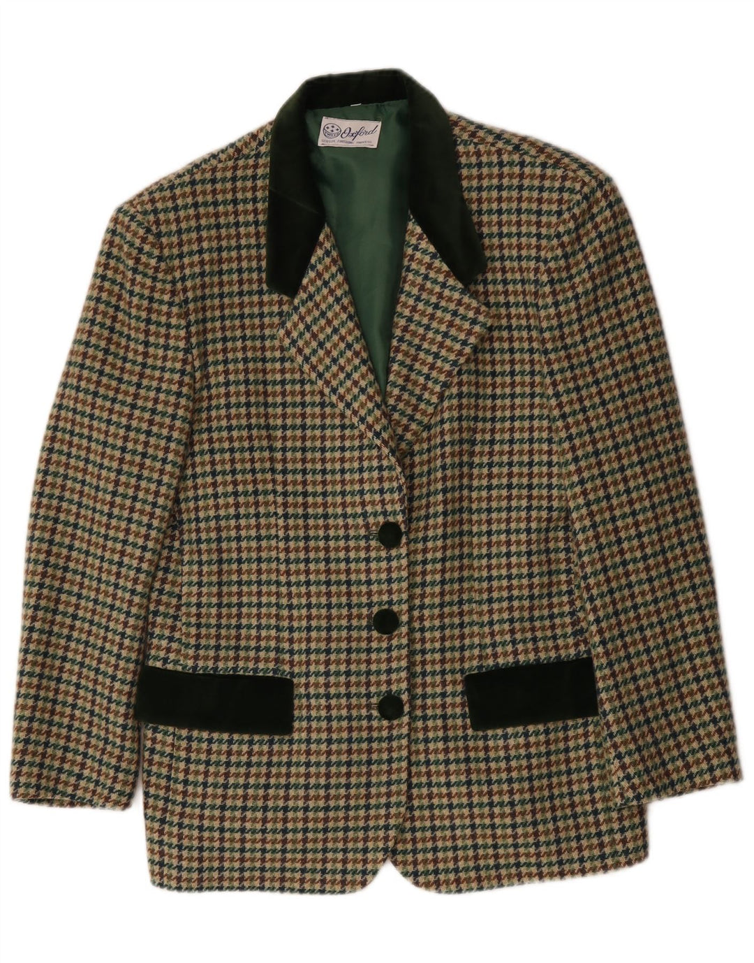Jaqueta blazer feminina Oxford com 3 botões Reino Unido 14 lã houndstooth verde médio