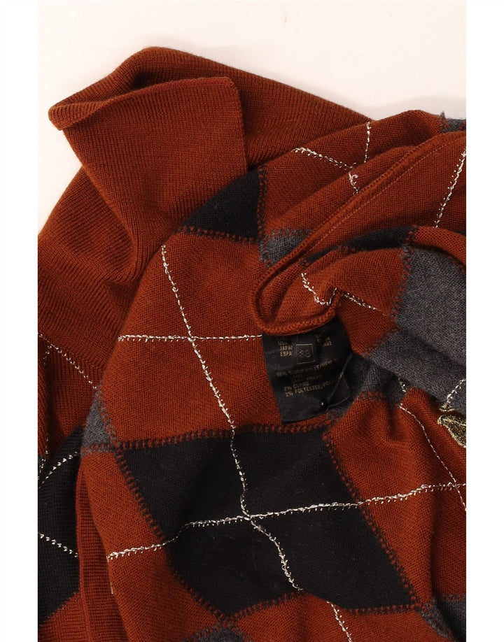 Suéter feminino vintage com gola polo UE 38 marrom médio Argyle/Diamante