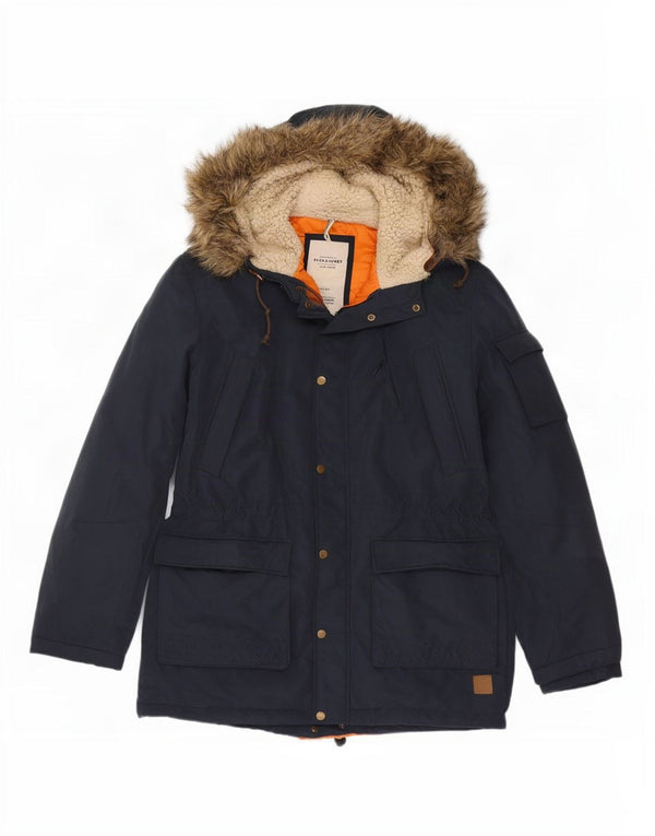 Jaqueta Parka masculina com capuz Jack & Jones UK 42 XL algodão azul marinho