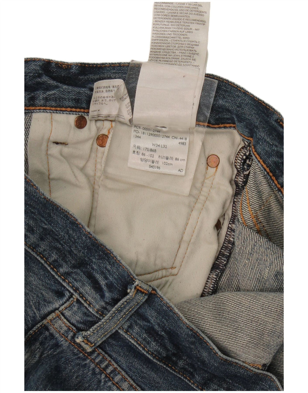 Calça jeans reta masculina Levi's desgastada W34 L32 azul algodão