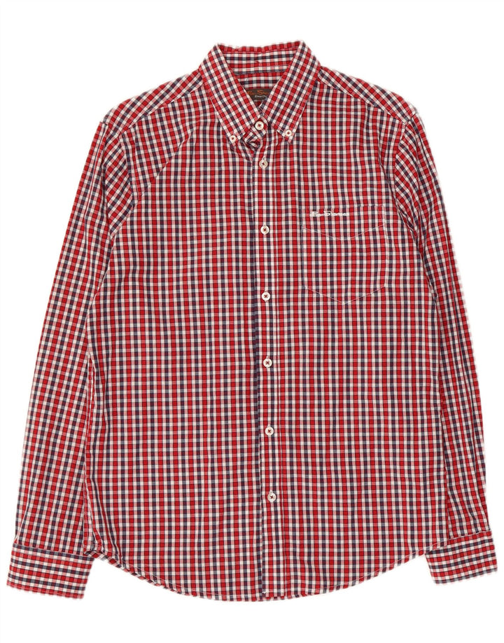 Camisa masculina Ben Sherman pequena xadrez vermelha de algodão