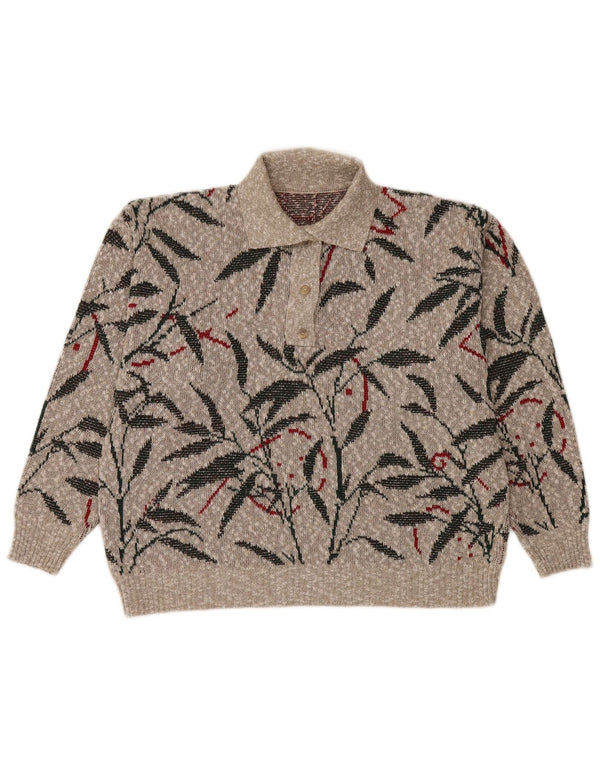 Suéter feminino vintage com gola polo UK 16 grande cinza floral