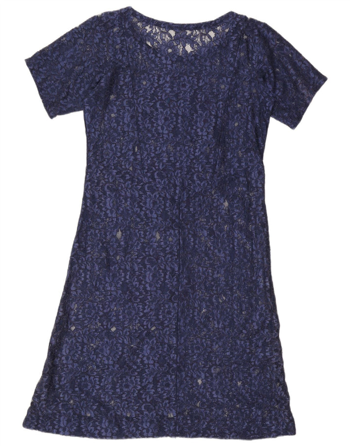 Vestido básico feminino vintage de renda Reino Unido 16 grande azul marinho geométrico