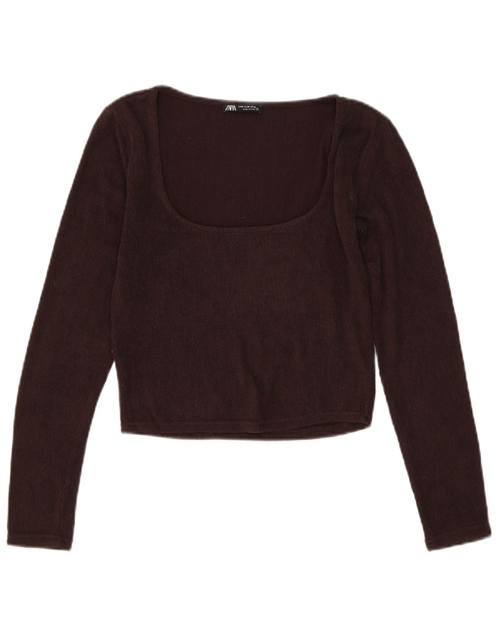 Zara Crop Top Feminino Manga Longa Reino Unido 12 Poliéster Marrom Médio