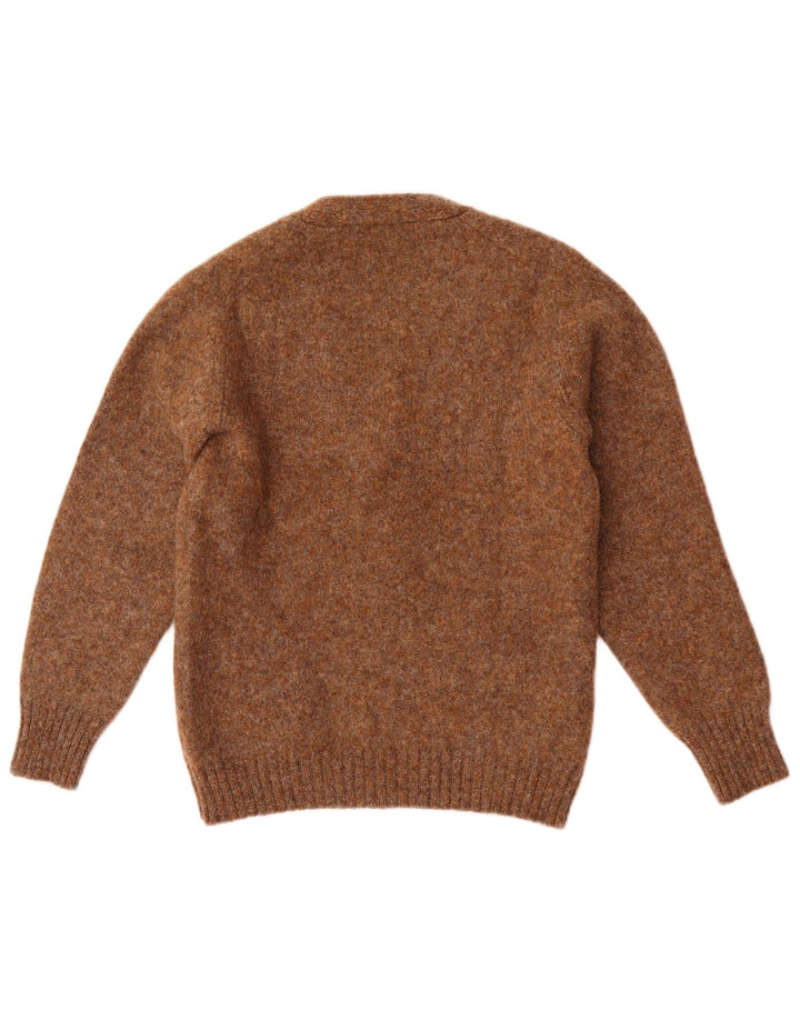 Suéter cardigã feminino vintage Reino Unido 12 lã manchada marrom médio