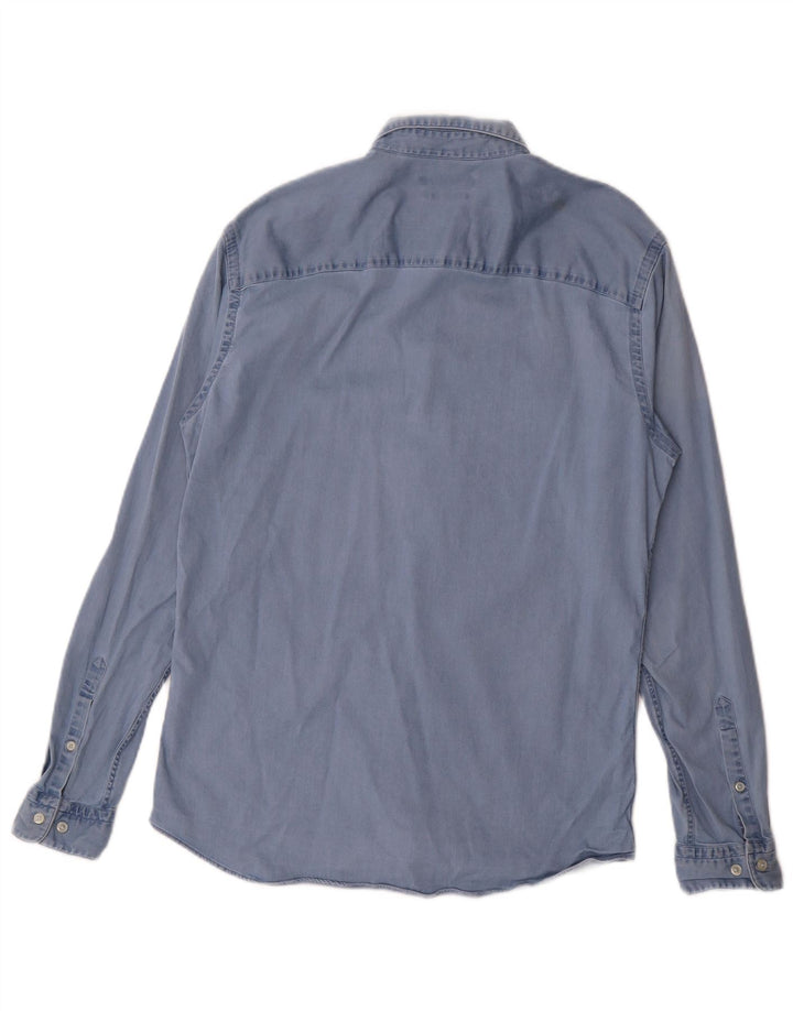 JACK & JONES Camisa jeans masculina pequena de algodão azul