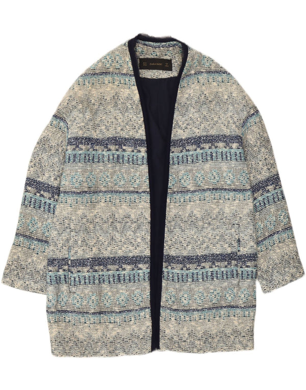 Sobretudo aberto feminino Zara UK 12 listrado azul médio