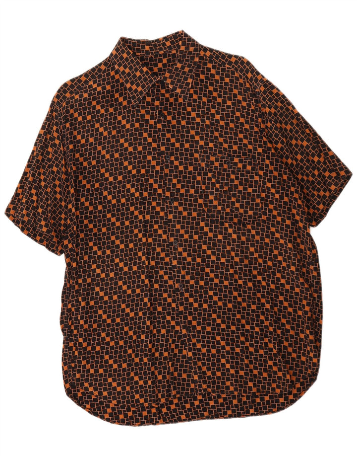 Camisa masculina vintage de manga curta grande marrom geométrica