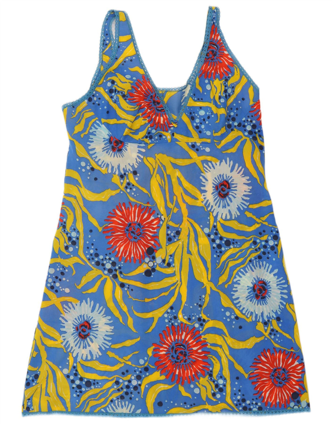 Vestido feminino VINTAGE com padrão abstrato e deslizante Reino Unido 12 azul médio