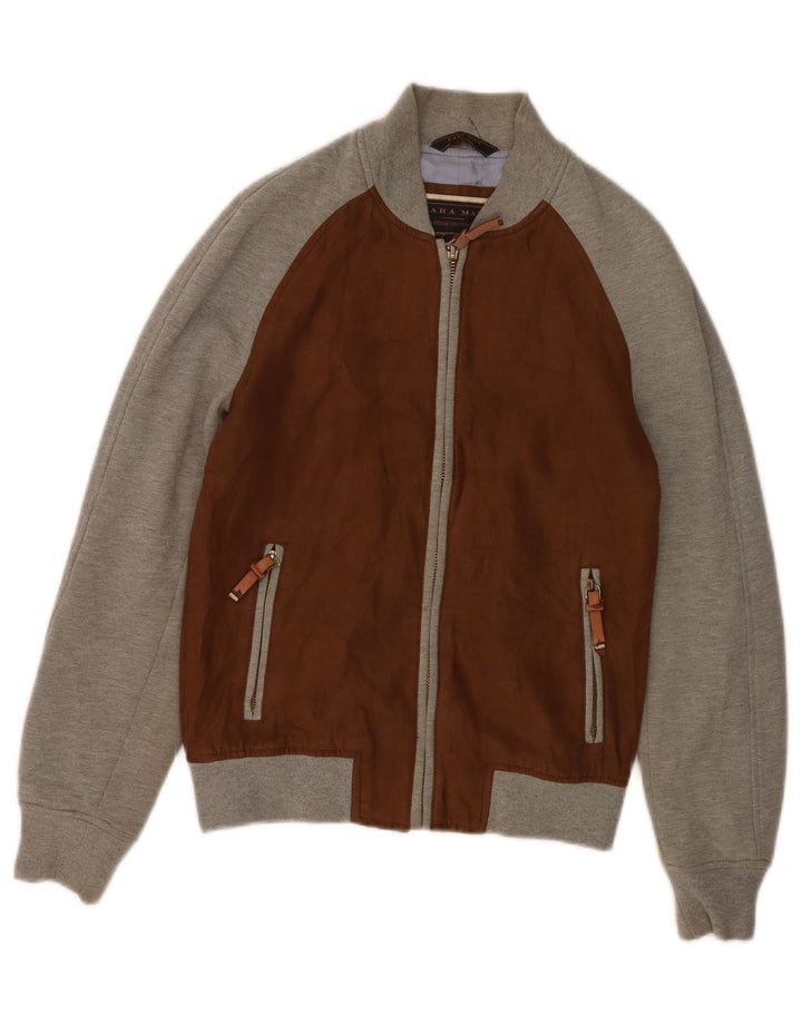 Jaqueta bomber masculina Zara UK 38 poliéster colorblock marrom médio