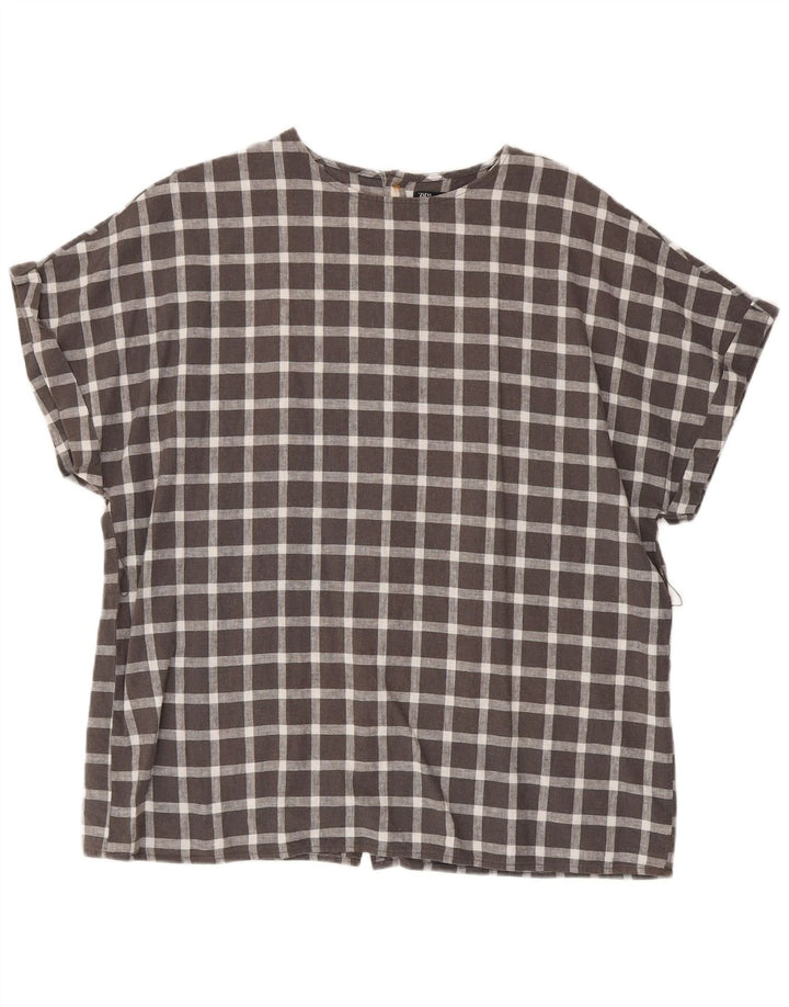 Blusa feminina Zara manga curta oversized Reino Unido 14 xadrez cinza médio