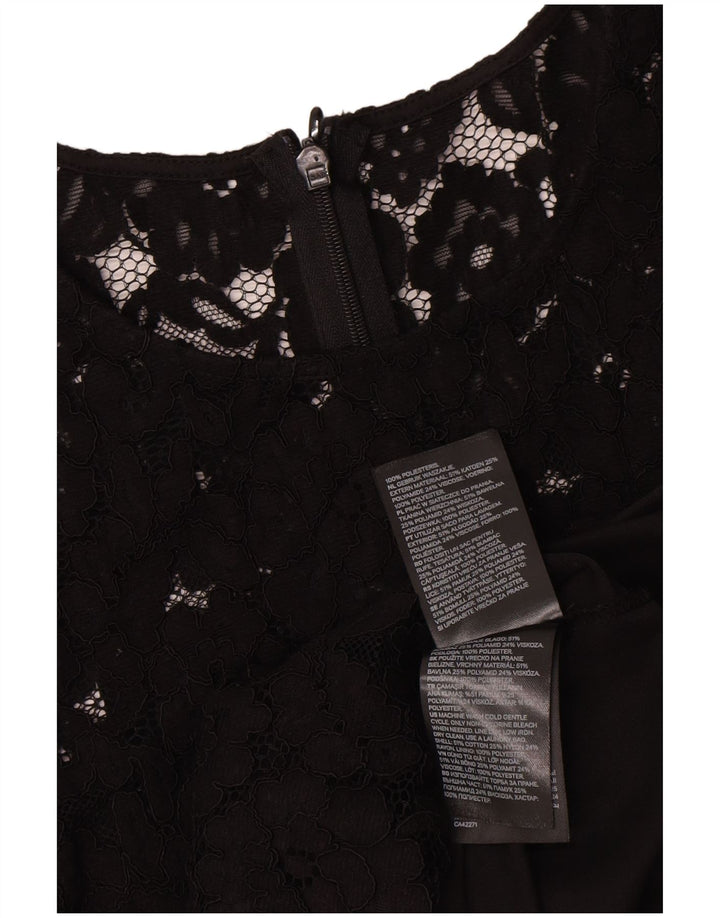 Vestido feminino vintage de manga comprida UK 12 poliéster floral preto médio