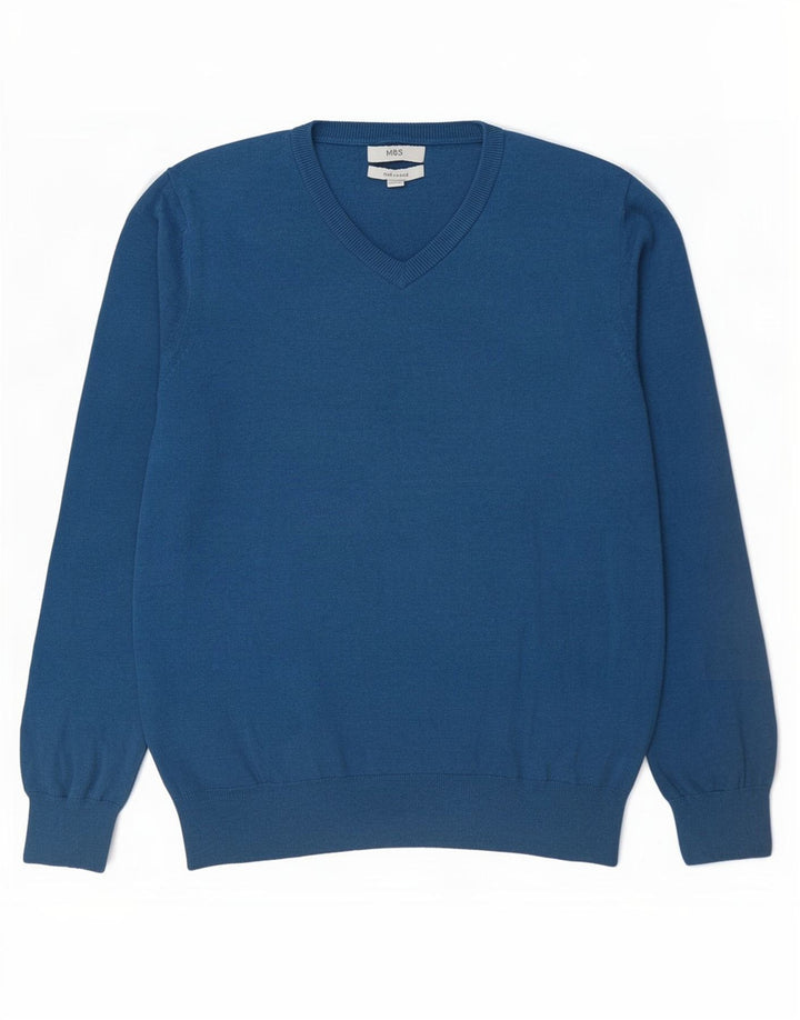 Suéter masculino Marks & Spencer com decote em V grande algodão azul