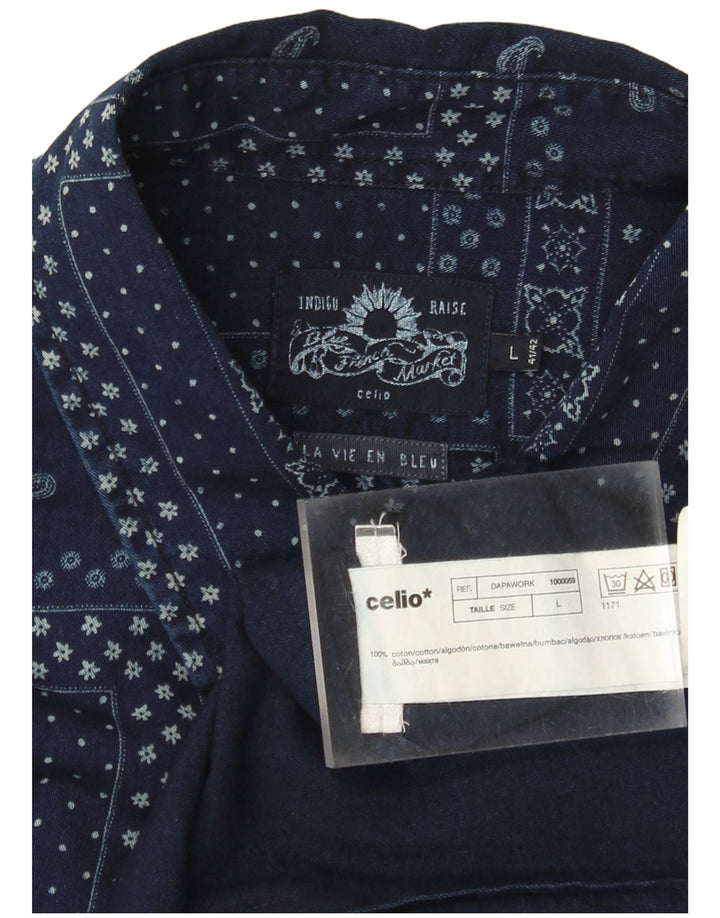 Camisa masculina Celio Indigo de manga curta grande azul marinho patchwork algodão