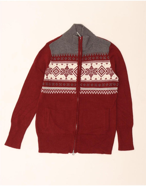 Eddie Bauer Mens Cardigan Sweater Medium Burgundy Fair Isle Cotton Winter