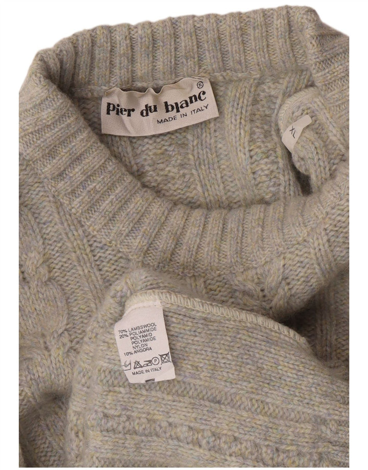 Suéter masculino vintage com gola redonda XL lã de cordeiro manchada cinza