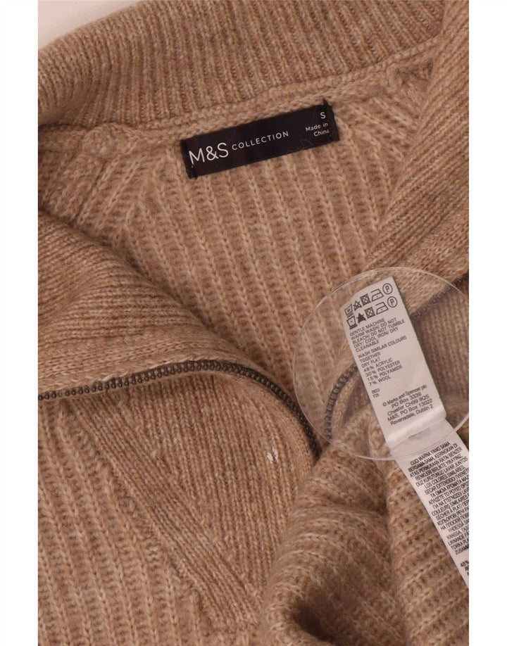 Suéter feminino Marks & Spencer com zíper e gola redonda Reino Unido 10 pequeno marrom manchado