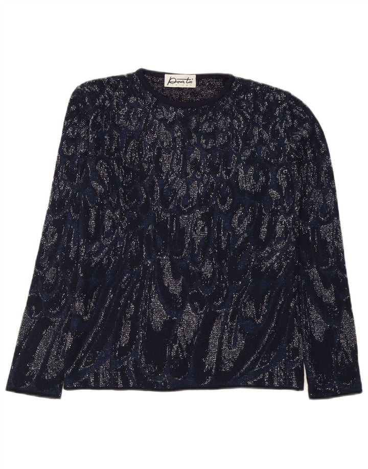 Top feminino vintage de manga comprida UK 8 pequeno azul marinho tie-dye