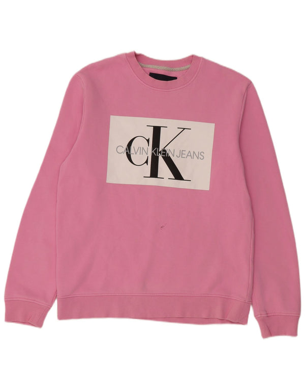 Calvin Klein Jeans feminino moletom gráfico jumper UK 14 médio rosa