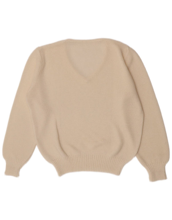 Suéter feminino vintage de ajuste regular com decote em V Reino Unido 10 pequeno acrílico branco