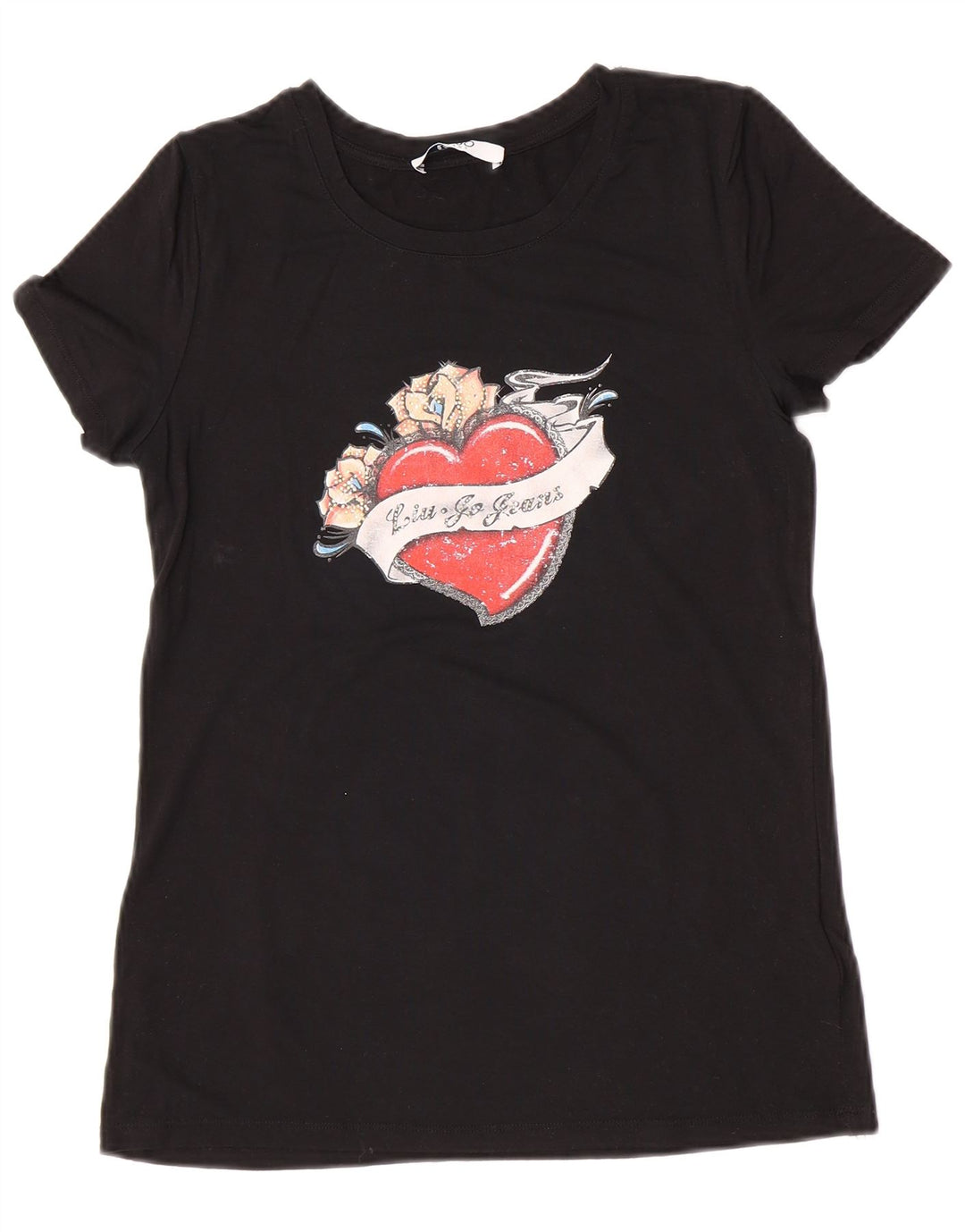 Camiseta feminina Liu Jo com estampa gráfica UK 12 viscose preta média