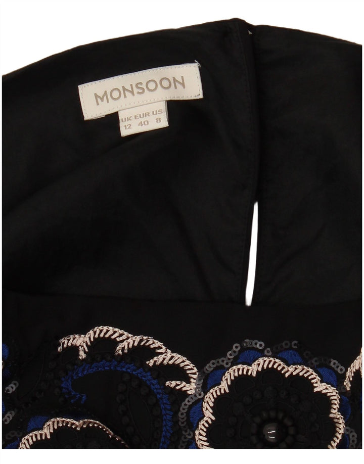MONSOON Vestido feminino manga 3/4 com bainha UK 12 listrado preto médio