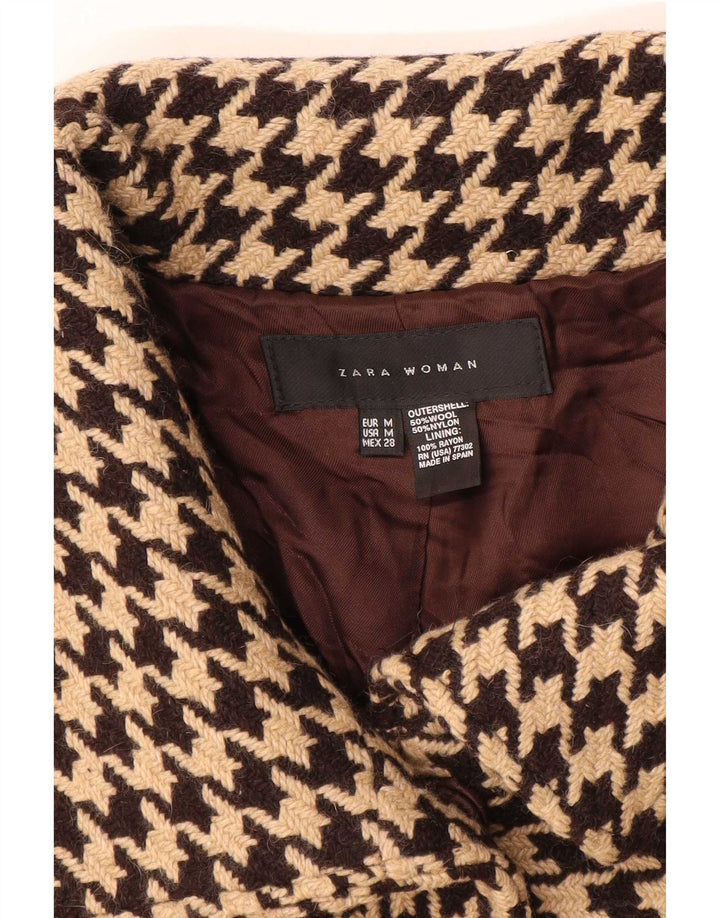 Casaco feminino de manga curta Zara Reino Unido 14 lã houndstooth marrom médio