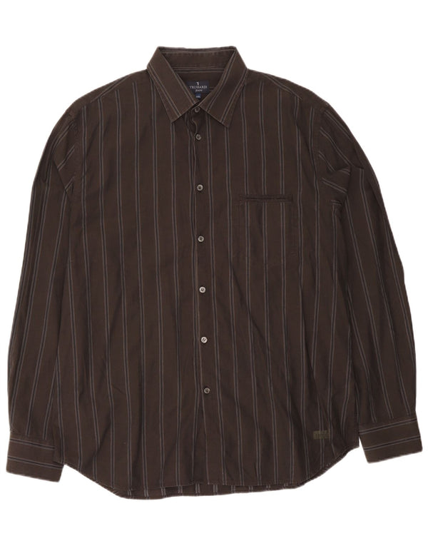 Trussardi Jeans Camisa masculina 2XL algodão listrado marrom