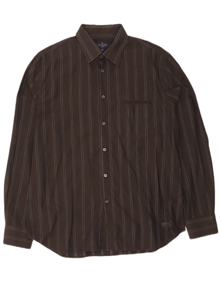Trussardi Jeans Camisa masculina 2XL algodão listrado marrom