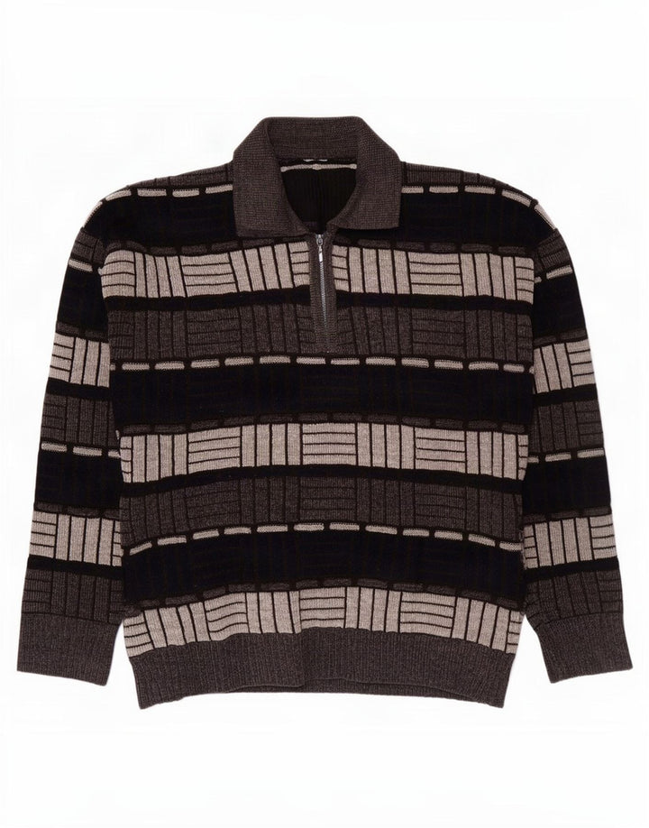 Suéter masculino vintage com gola polo e meio cinza geométrico