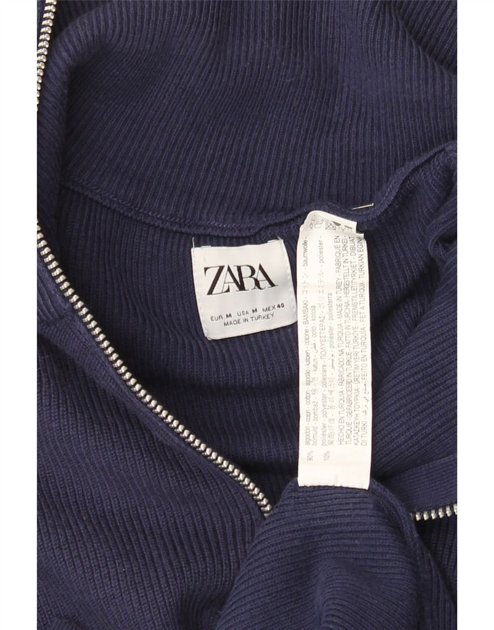 Suéter masculino Zara com zíper e gola alta de algodão azul marinho médio