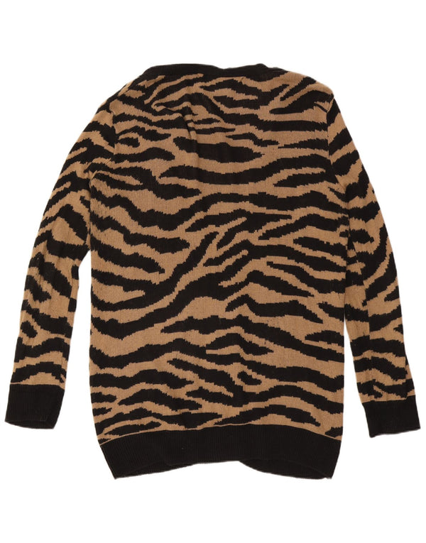 Suéter cardigã feminino Zara Longline Reino Unido 16 grande marrom com estampa animal de algodão