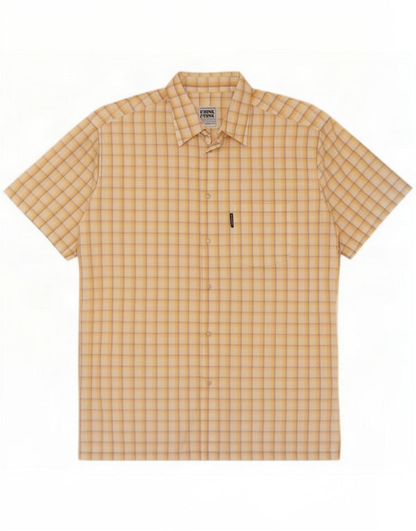 Think Camisa masculina de manga curta rosa XL Algodão xadrez amarelo