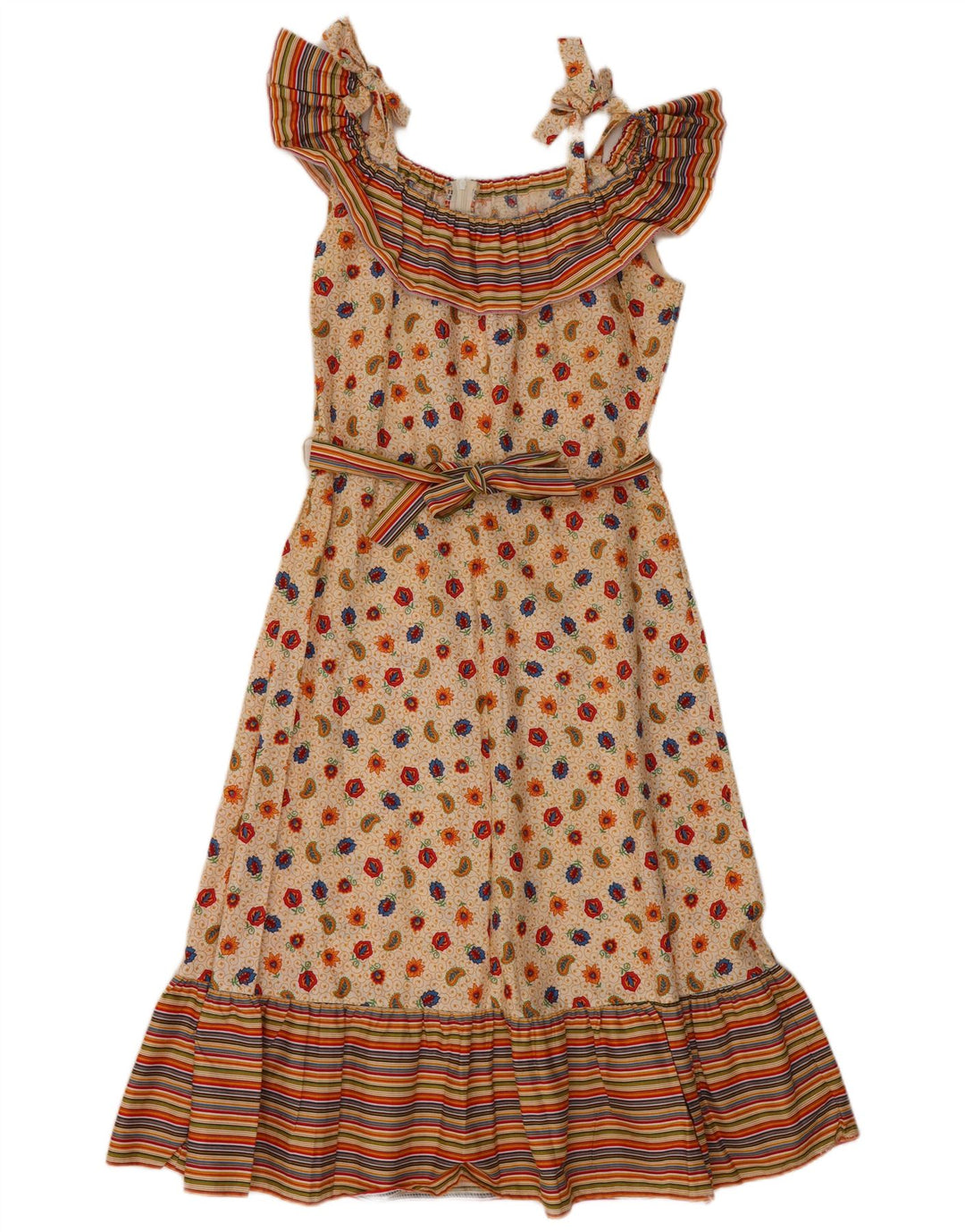 Vestido feminino VINTAGE sem mangas em linha A UE 36 pequeno algodão paisley bege