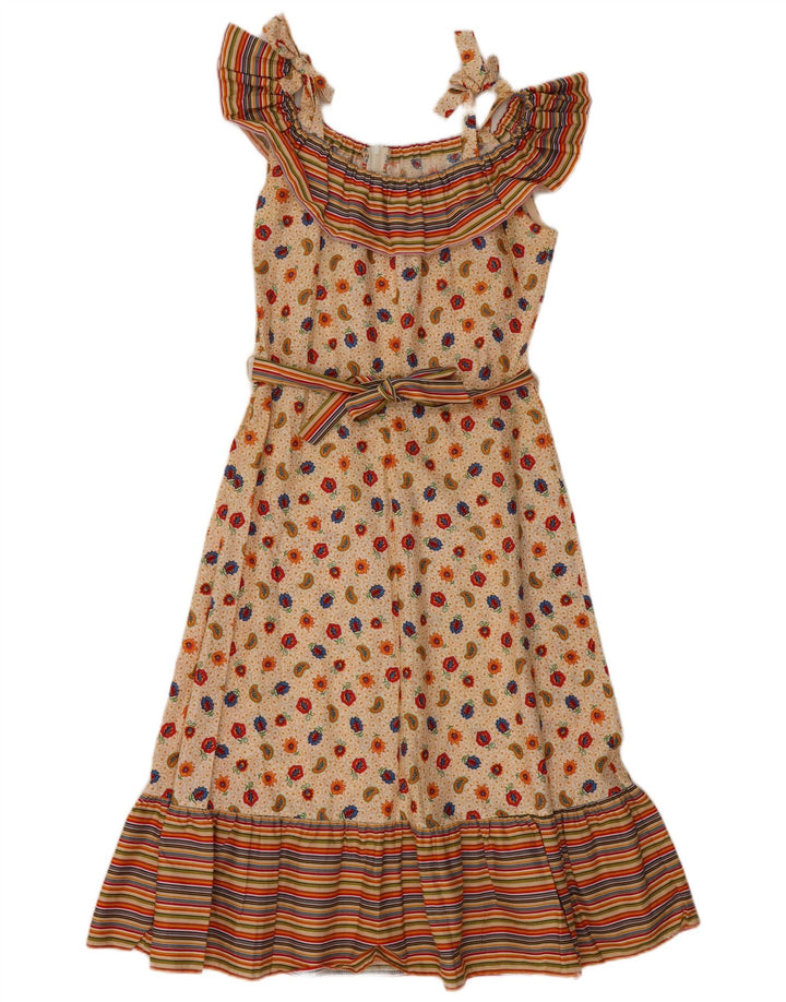 Vestido feminino VINTAGE sem mangas em linha A UE 36 pequeno algodão paisley bege