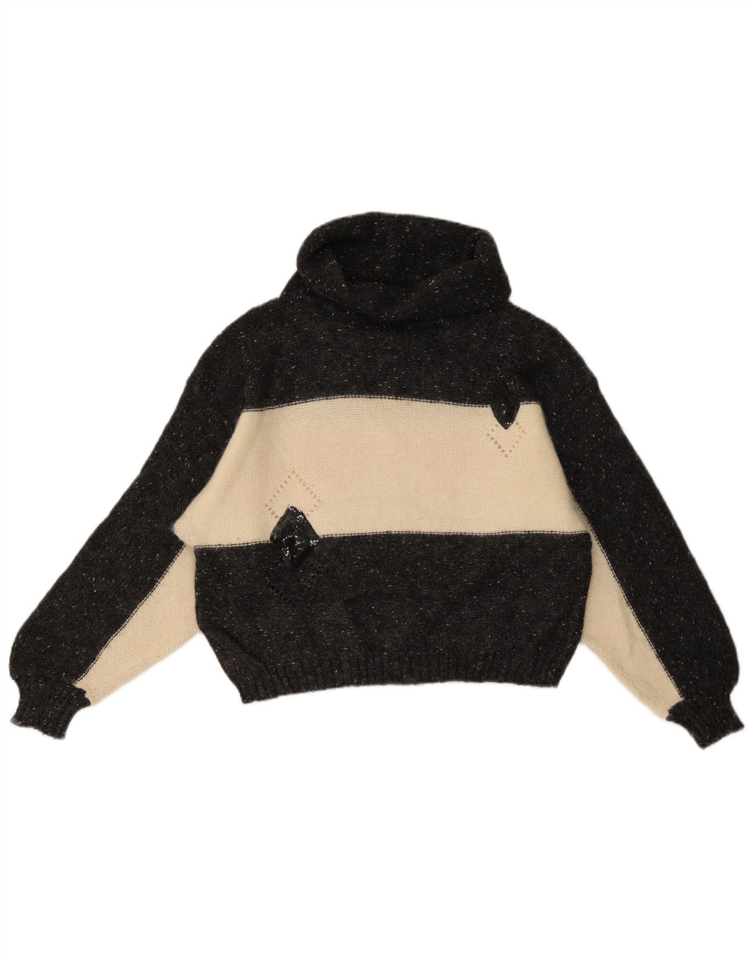 Suéter feminino vintage com gola redonda Reino Unido 14 lã colorblock médio preto