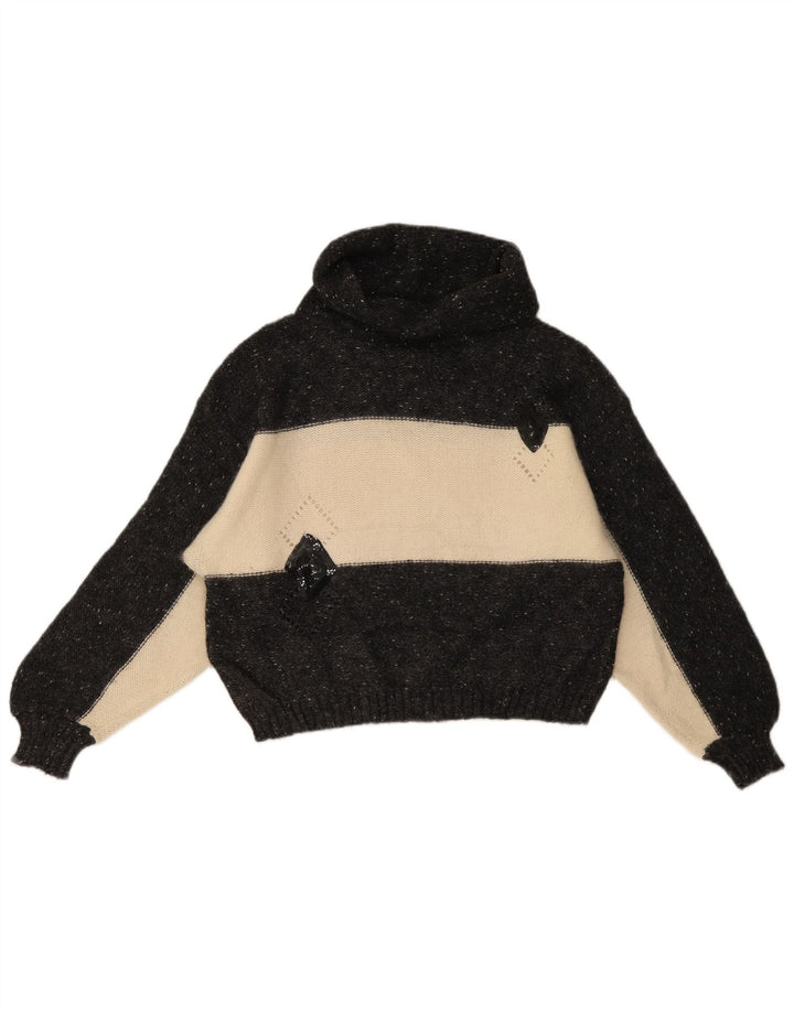 Suéter feminino vintage com gola redonda Reino Unido 14 lã colorblock médio preto