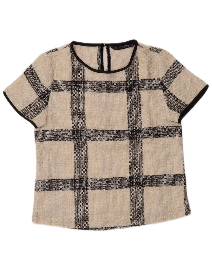 Blusa feminina Zara Top UK 10 pequeno acrílico xadrez branco