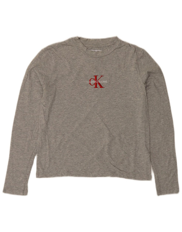 CALVIN KLEIN JEANS Top gráfico feminino manga comprida UK 6 XS cinza manchado