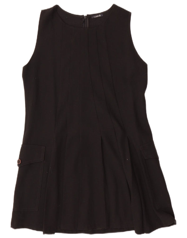 Vestido feminino vintage sem mangas evasê UK 12 lã preta média