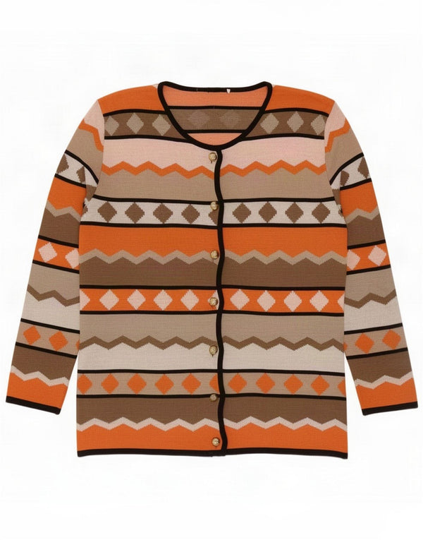 Suéter cardigã feminino vintage Reino Unido 16 grande viscose geométrica laranja