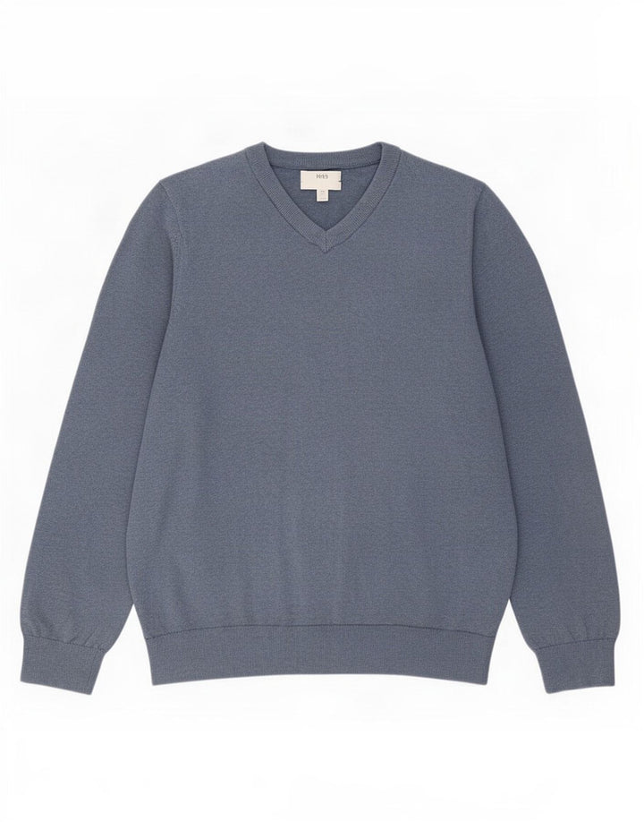 Suéter masculino Marks & Spencer com decote em V 2XL algodão azul