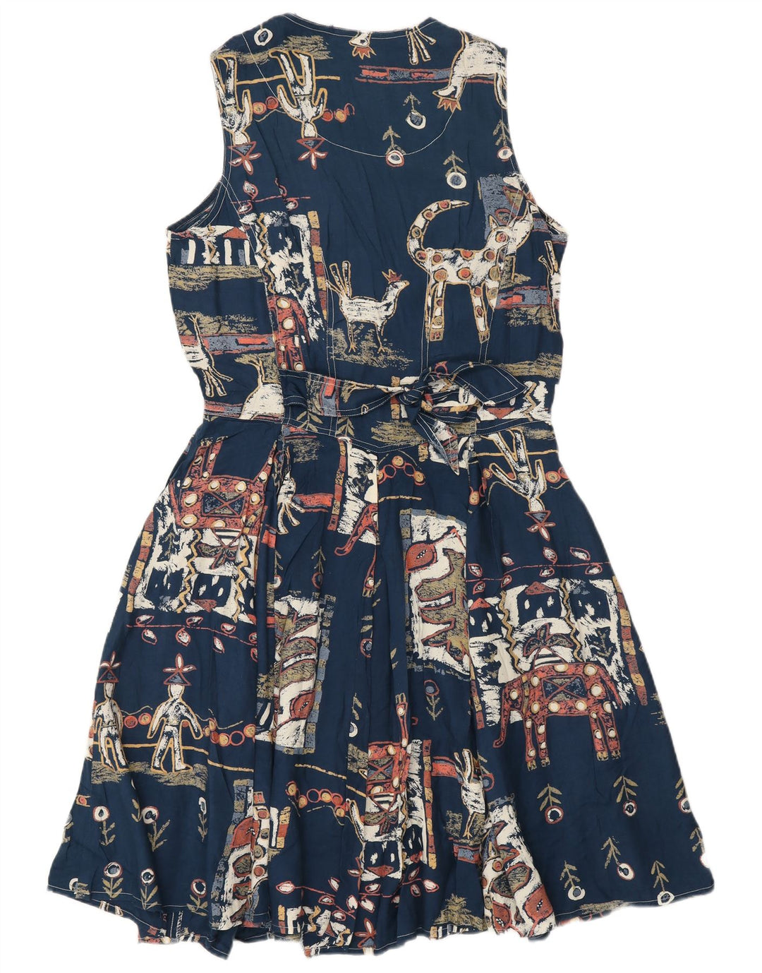 Vestido feminino vintage com padrão abstrato linha A Reino Unido 12 médio azul marinho