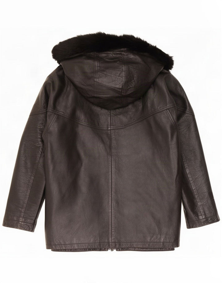 Jaqueta de couro grande com capuz feminino vintage IT 44 preto médio