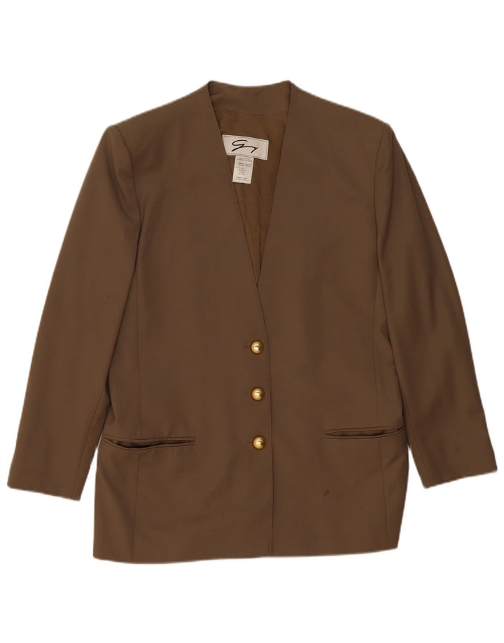 Jaqueta blazer feminina Genny Longline com 3 botões EUA 12 grande lã cáqui